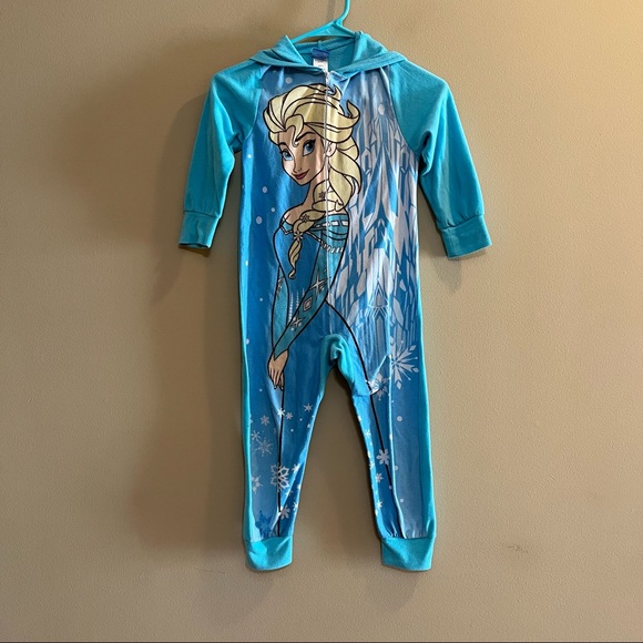 Disney Other - Girls Disney Frozen Elsa Blue 1 Piece Hooded Footless Pajamas Size 6 Zip Crown